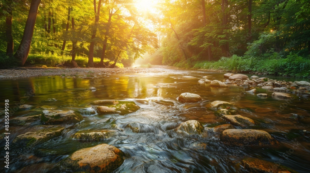Serene River Flowing Through Sunlit Forest Grove at Sunrise