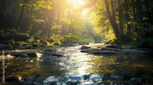 Serene River Flowing Through Sunlit Forest Grove at Sunrise