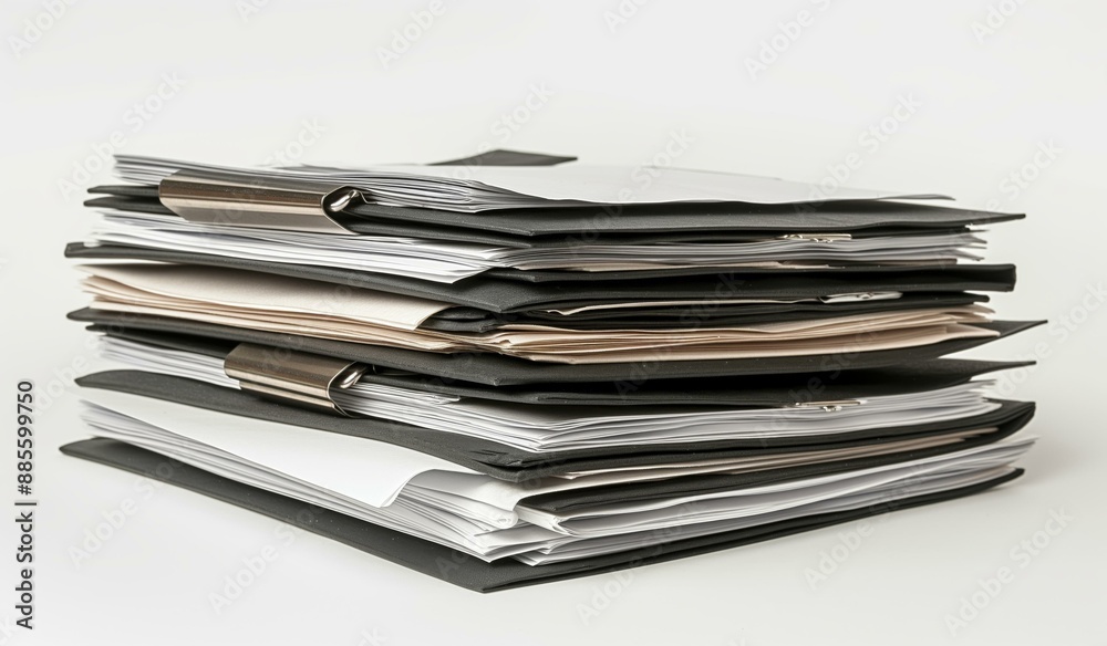 A large stack of documents in black sleeves and folders on a white background. A large stack of documents in black sleeves and folders on a white background.