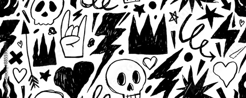 Punk style seamless pattern with pencil drawn lightnings, crowns and sculls. Crayon grunge punk elements. Hand drawn grunge style doodle wallpaper. Rock and roll seamless banner design.
