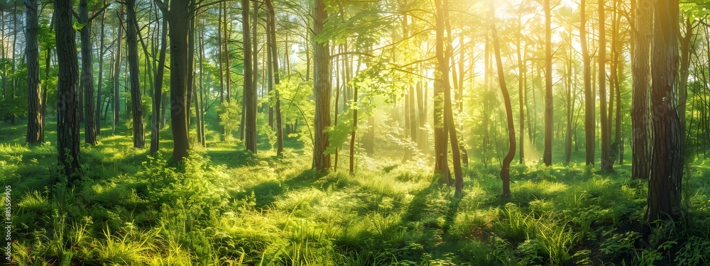 Fototapeta premium Beautiful green forest with tall trees and sunlight in spring or summer, panorama banner