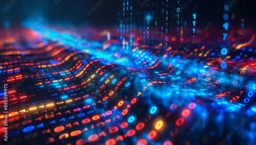A vibrant digital landscape with flowing data streams of glowing binary code in numerous colors. A vibrant digital landscape with flowing data streams of glowing binary code in numerous colors.
