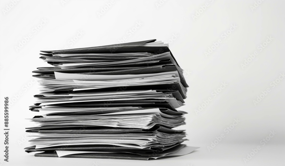 A large stack of documents in black sleeves on a white background. A large stack of documents in black sleeves on a white background.