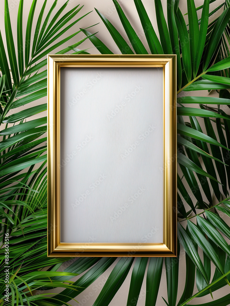 Luxurious Golden Frame with Tropical Palm Leaves on a Neutral Background Luxurious Golden Frame with Tropical Palm Leaves on a Neutral Background