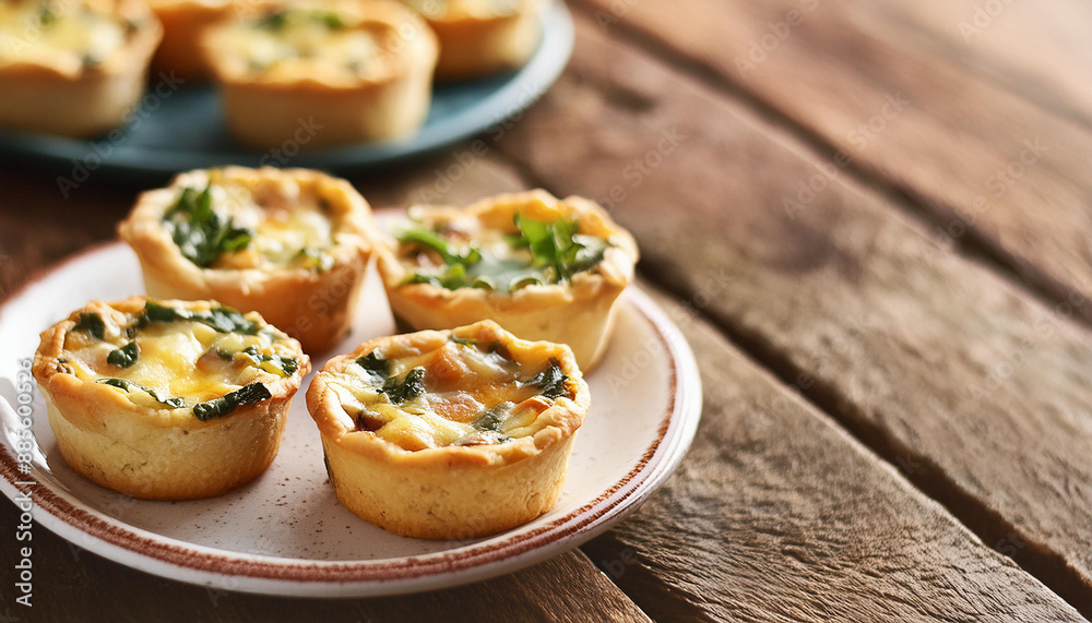 Savory mini quiches on plate on wooden picnic table, green blurred backdrop. Tasty food. Savory mini quiches on plate on wooden picnic table, green blurred backdrop. Tasty food.
