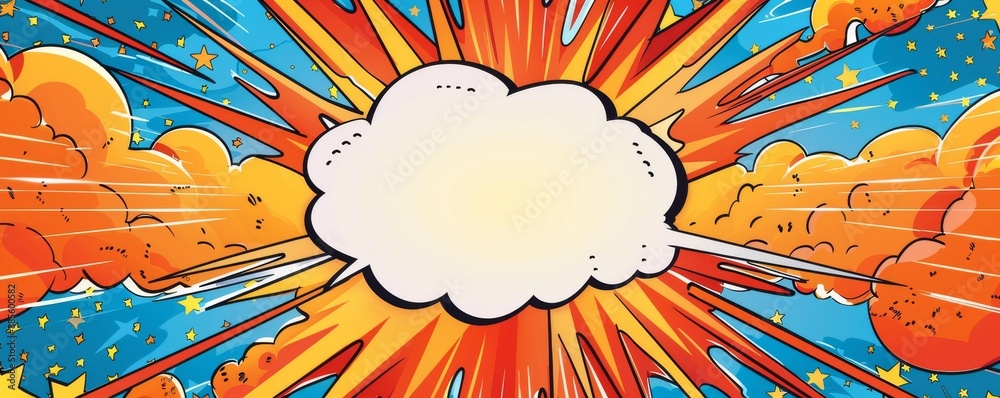 Explosive comic book style background with a blank speech bubble and colorful dynamic elements Explosive comic book style background with a blank speech bubble and colorful dynamic elements