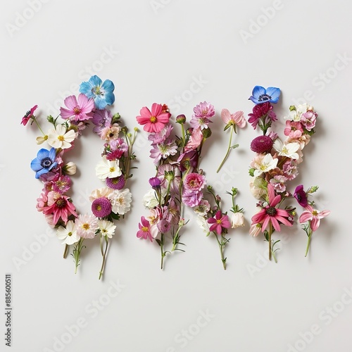 The word OK made of flowers, on a white background, in a flat lay photography style