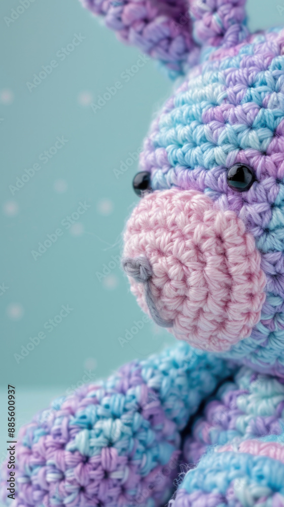 Close-Up of a Colorful Handcrafted Crochet Bunny Toy with Soft Pastel Colors on a Light Blue Background