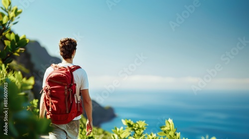 A backpacker walking on a scenic hiking trail, enjoying the freedom and adventure of independent travel. photo