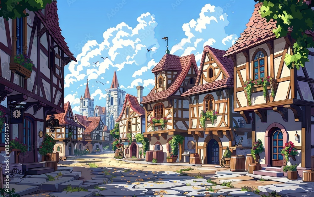 Fototapeta premium 2D Medieval Cartoon Landscape Scene