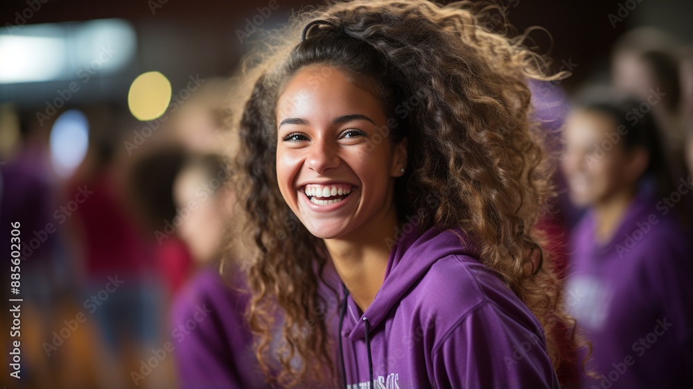 A girl in a purple tracksuit danced Zumba at the community center. A girl in a purple tracksuit danced Zumba at the community center.