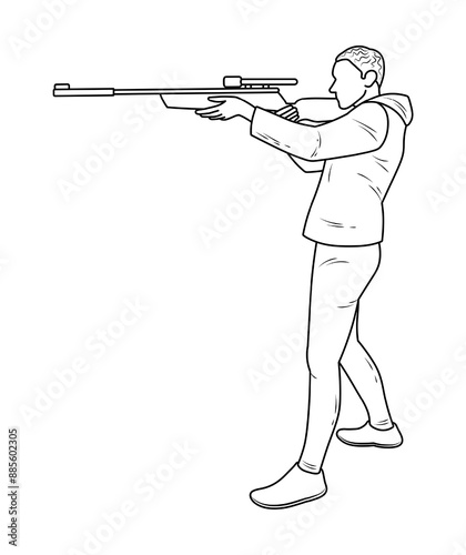 Male shooter with rifle, sight, silhouette sketch