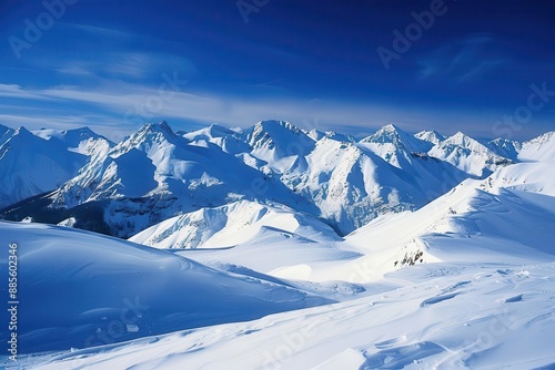 panoramic vista of snowdraped mountain range stretches across the horizon pristine white slopes contrast with deep blue sky creating a breathtaking winter wonderland scene photo