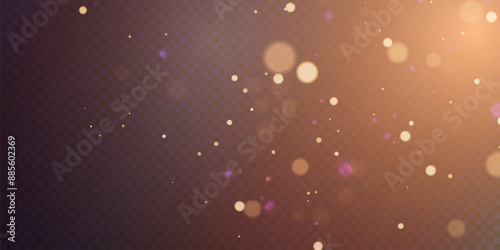 Light effect of golden bokeh of dust and glare. Glowing particles isolated on a dark transparent background.  Adobe Illustrator Artwork