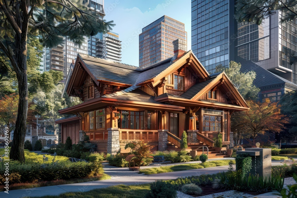 photorealistic 3d rendering of a charming craftsman bungalow incongruously situated between sleek glass skyscrapers intricate woodwork and stained glass windows contrast with modern architecture