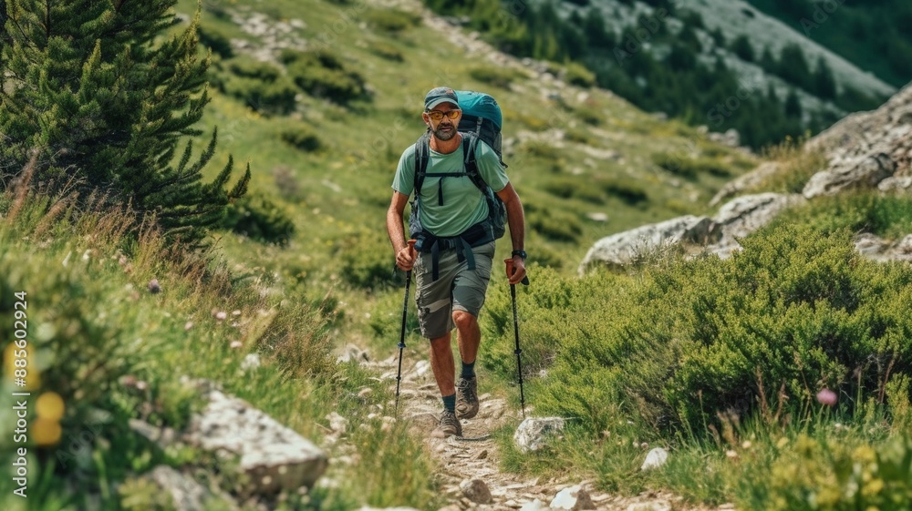 A man in green hiking attire hiked up a rocky trail.