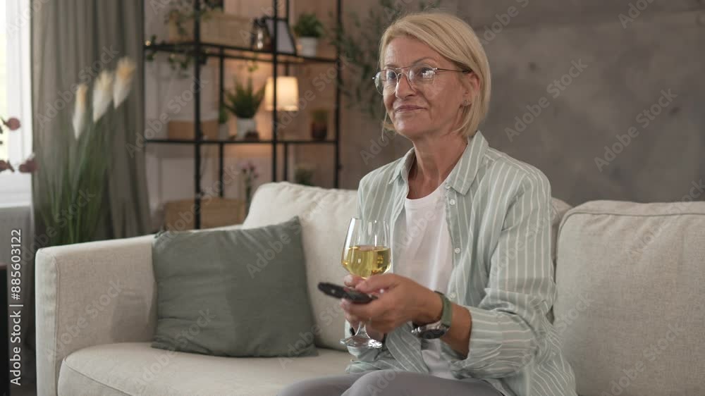 Mature woman sit on sofa watch movie with popcorn and glass of wine