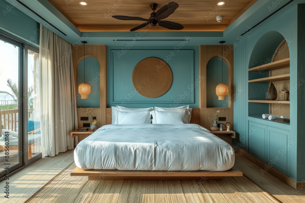 Hotel Room With Coastal Escape: Light colors, nautical decor, and views of the sea.