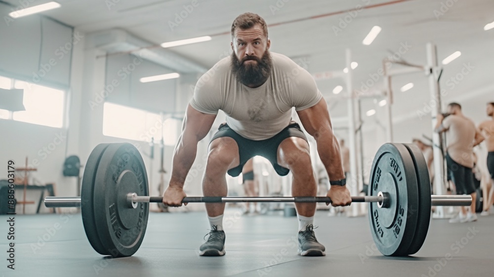 A man in his 30s, with unwavering determination, practiced powerlifting in a white gym.