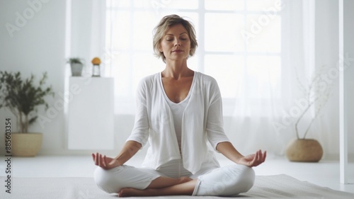 A middle-aged woman, in her 40s, in a serene white room, engaged in calming yoga poses.