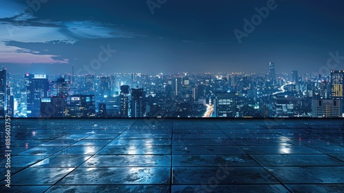 Floor slab, concept of car sale, auto, automobile, automotive empty space or cityscape and skyline at night, shop or store. Background design with building and urban city for product display. 
