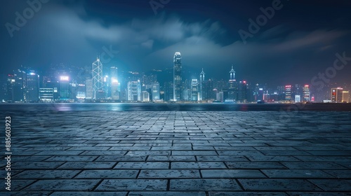 Floor slab, concept of car sale, auto, automobile, automotive empty space or cityscape and skyline at night, shop or store. Background design with building and urban city for product display. 