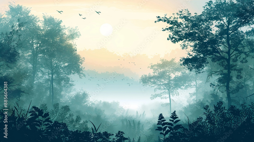 Misty Forest Sunrise with Birds in Flight Misty Forest Sunrise with Birds in Flight