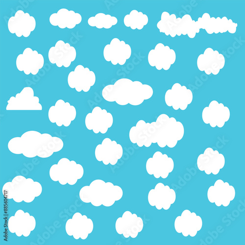 Cartoon white clouds icon set isolated on blue background. Cloudscape in flat style. Blue sky cloud weather symbol. Vector illustration cloudy panorama 