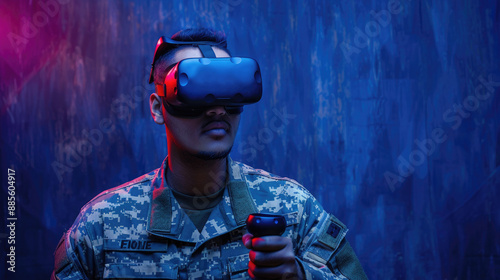 Soldier in futuristic VR glasses controls modern drone, man wearing military uniform uses flying spy robot. Theme of army, intelligence, warfare, cyber technology, photo