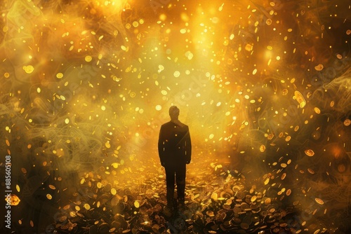 silhouette of a man standing amidst a storm of golden coins dramatic lighting sense of abundance illustrative style with painterly effects success concept photo