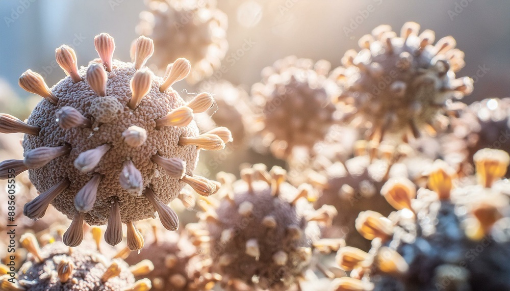 Close-up view of airborne coronavirus particles in detail Close-up view of airborne coronavirus particles in detail