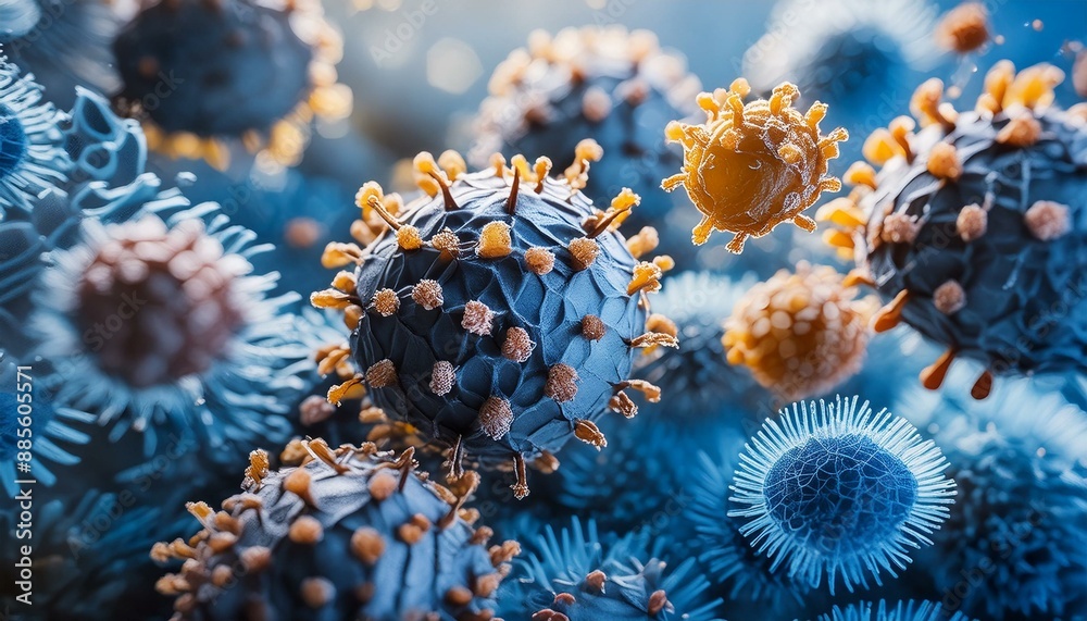 Close-up view of airborne coronavirus particles in detail