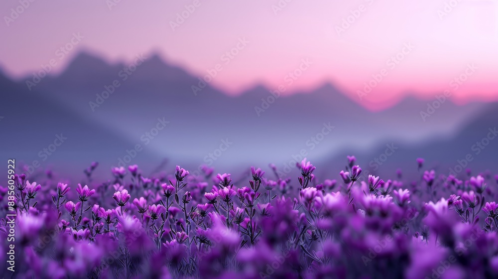 Fototapeta premium podium front shot light source coming from the left side placed in a bed of purple flowers looking over the Himalayan mountains purple sunset product photography 50mm lens DOF background hyper realist