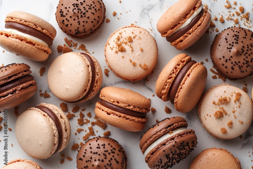 French Macarons Flat Lay with Cookies and Crumbs on White Background French Macarons Flat Lay with Cookies and Crumbs on White Background