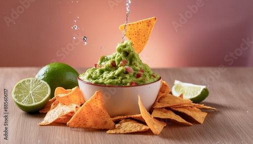 Fresh guacamole explosion with nachos and lime