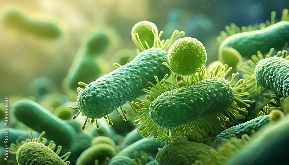 Fototapeta premium Green bacteria against a blurred background