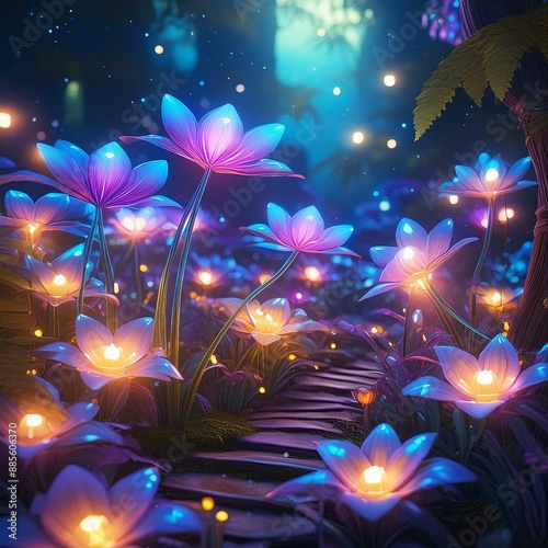 Luminous night flowers with magical glow in a fantasy garden © Verdiana