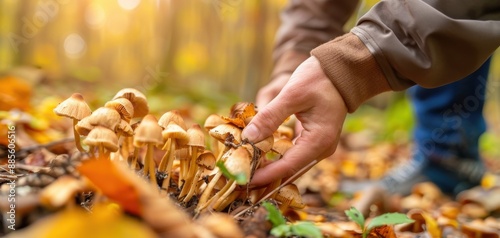 A close-up of hands gathering edible mushrooms from the forest floor, identifying safe ones