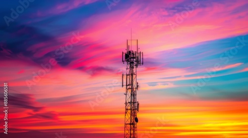 A cellphone tower silhouetted against a colorful sunset, with antennas clearly visible.