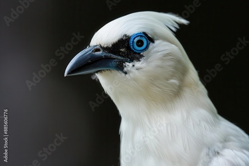 striking portrait of a bali starling against a dark background crisp focus on the birds distinctive blue eyering and white plumage creating a dramatic chiaroscuro effect photo