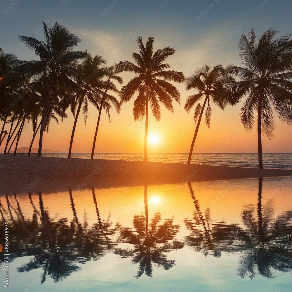 Obraz premium Tropical sunset with palm trees reflecting on tranquil sea