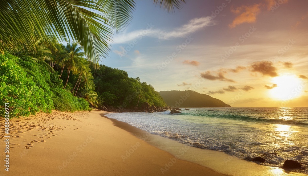 Fototapeta premium Tropical paradise beach with vibrant sunset and lush foliage
