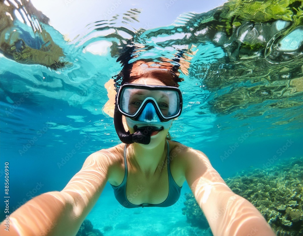 Naklejka premium Underwater selfie of a woman snorkeling in tropical waters