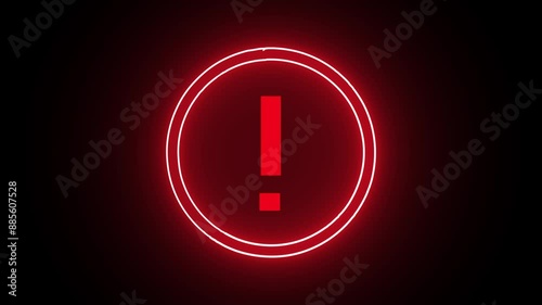 Neon glowing red colour error circle round icon on black background animation.