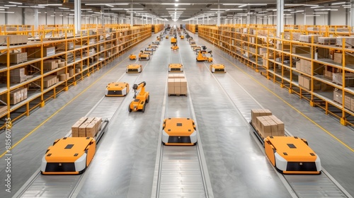 A warehouse with a white and orange robot in the middle © OZTOCOOL