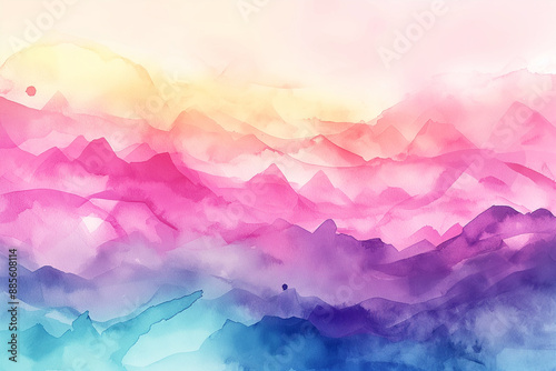 Beautiful watercolor landscape with colorful mountains and pastel gradient at sunrise, abstract horizon art