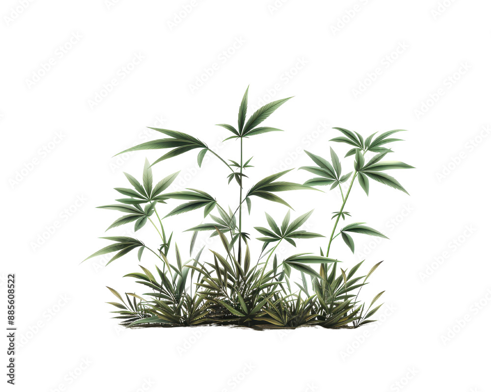 Fototapeta premium A cluster of lush green plants with broad leaves, isolated on a white background. Perfect for nature and botanical themed designs.