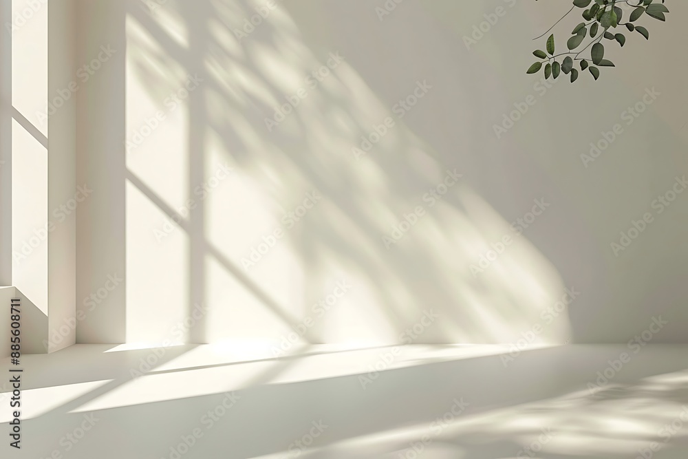 A spacious, bright room with minimalist decor. Soft shadows play across the walls, creating a tranquil atmosphere A spacious, bright room with minimalist decor. Soft shadows play across the walls, creating a tranquil atmosphere