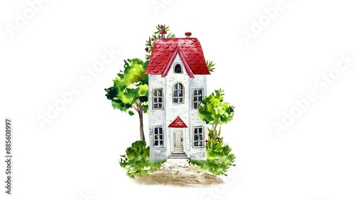 Watercolor rural cottage house with red roof among green trees, growing, hand painted illustration animation. Summer village cozy home. Cartoon countryside design 