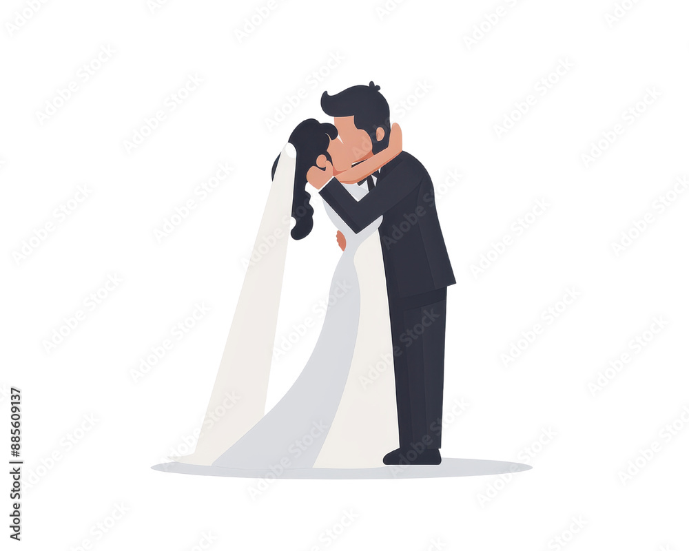Cute cartoon illustration of a bride and groom kissing on their wedding day, showing love and celebration in a romantic moment. Cute cartoon illustration of a bride and groom kissing on their wedding day, showing love and celebration in a romantic moment.